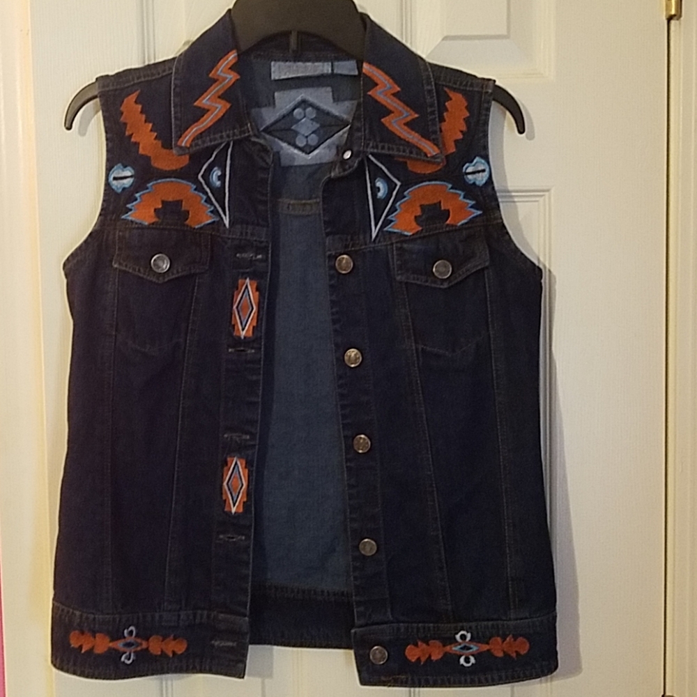 Aztec Embroidered Blue Jean Vest